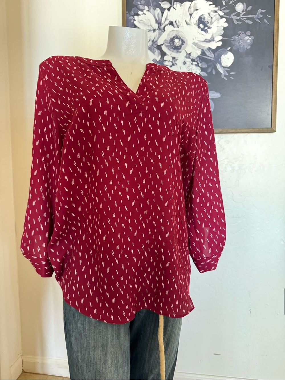 Fortune & Ivy from Stitch Fix Women's Crimson V-Neck Patterned Blouse